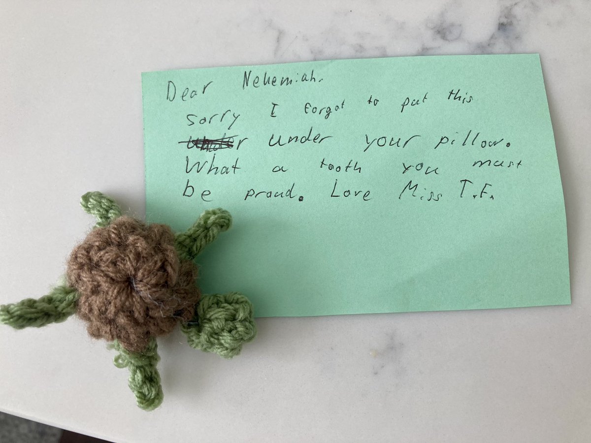 The tooth fairy had a follow up gift this time because big sis wanted to join in the fun. (She crocheted the turtle.) I have a feeling the tooth fairy gig is going to have a much shorter run with kid #2.