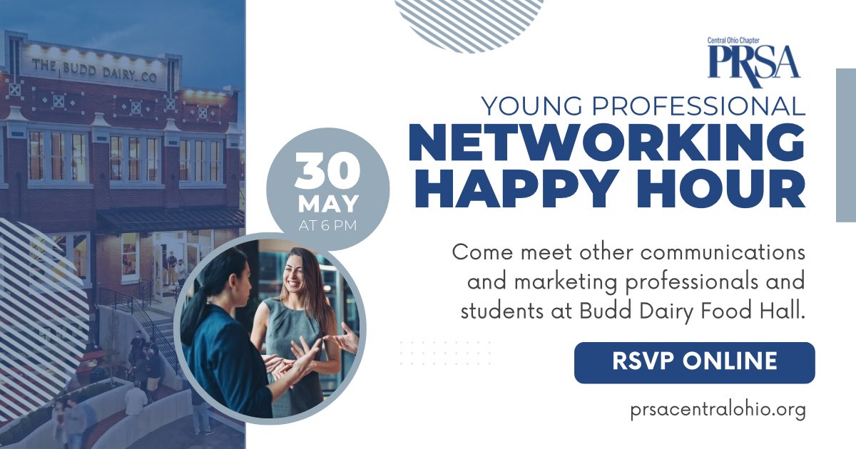 🗣️ Calling all young professionals!
 
Join us for a happy hour to make new connections and learn about educational and volunteer opportunities in our chapter! 🥂

Students studying marketing and communications are also welcome to attend. 
 
Register here: prsacentralohio.org/meetinginfo.ph…