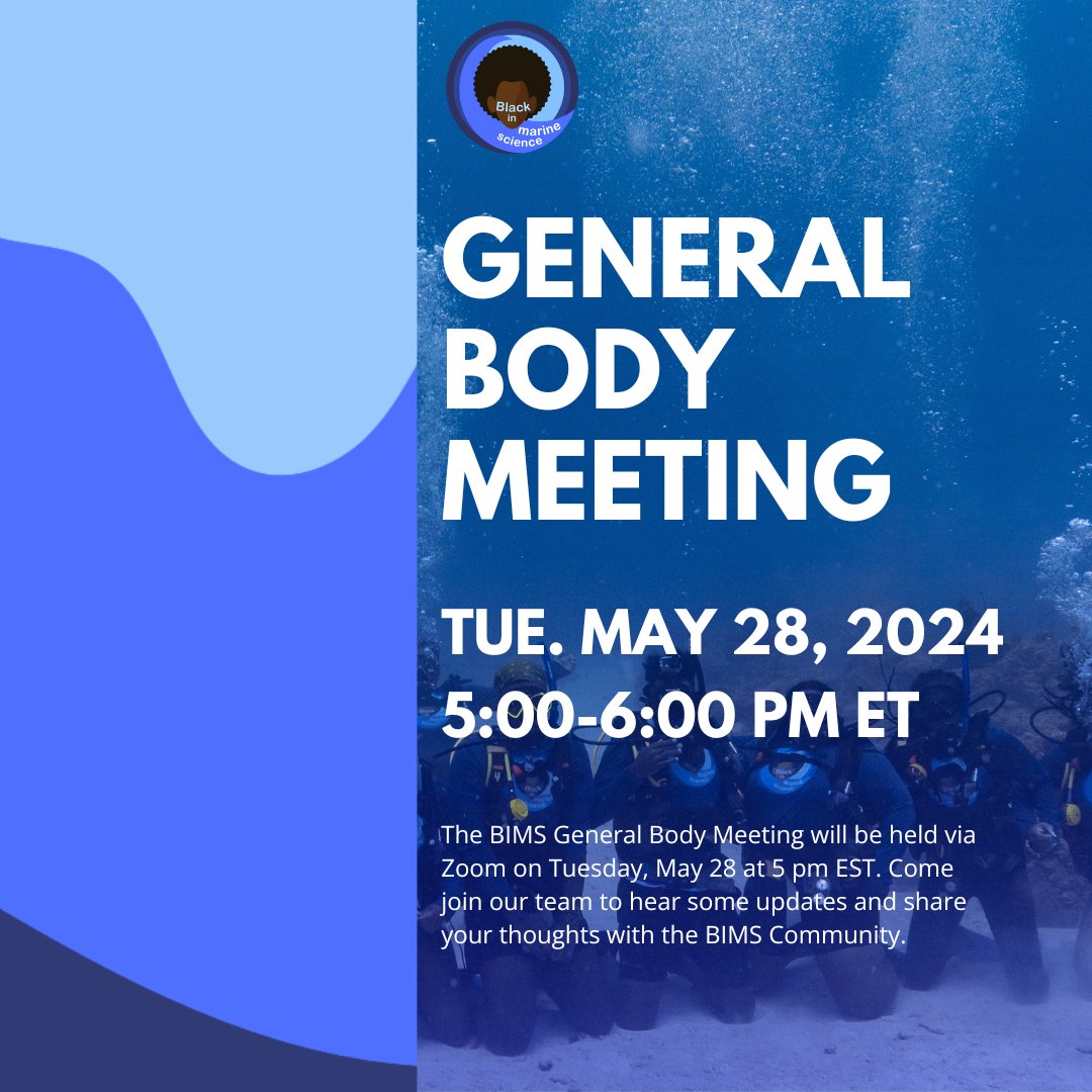 Join the wave at our upcoming BIMS General Body Meeting! 🌊✨ Tue May 28th at 5pm ET. Calling all members to join us for an engaging session where we'll share exciting updates, discuss marine science topics, and connect with others. Members check your email for the zoom info 😊