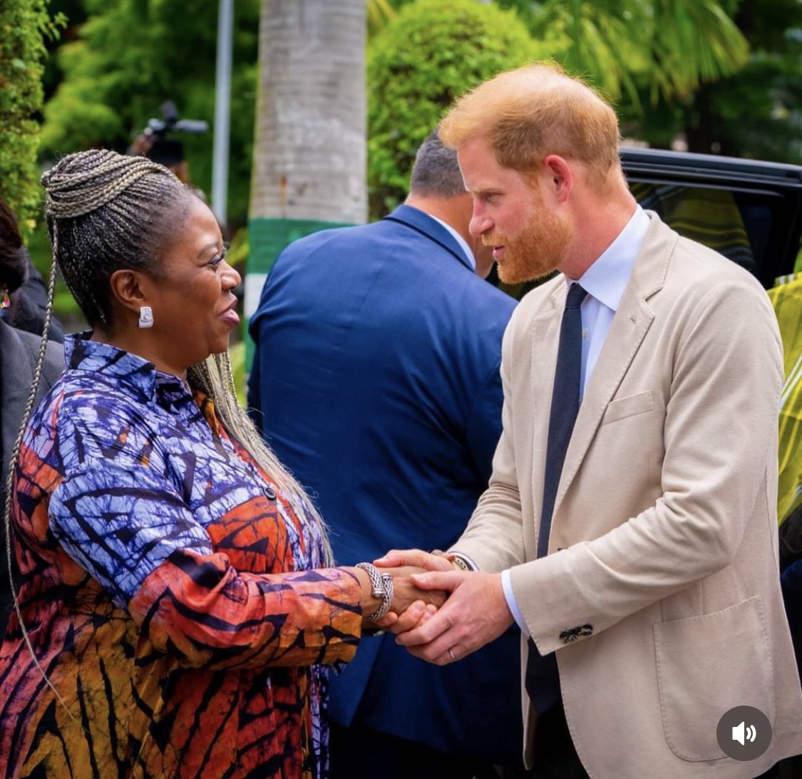 Harry and Meghan pictured with Toke Benson-Awoyinka, Commissioner for Tourism, Arts and Culture