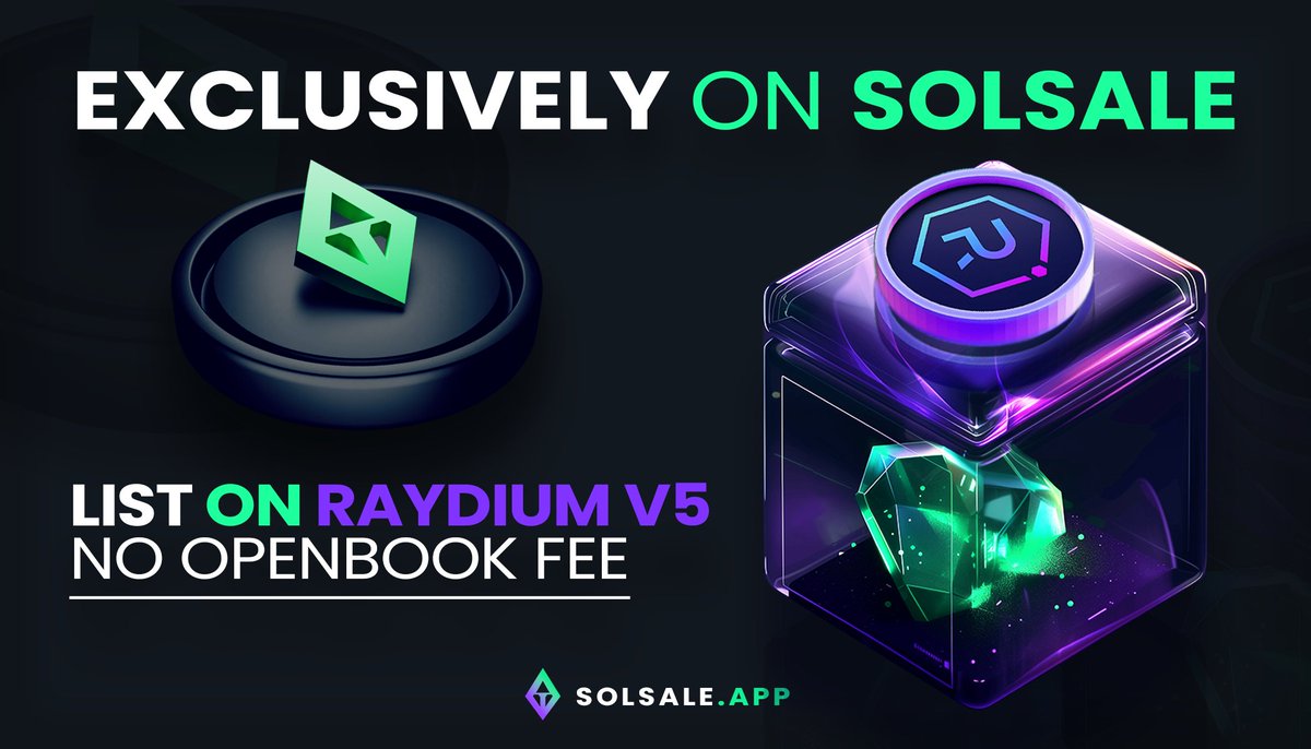 SAVE 💲💲💲 BY HAVING YOUR PRESALE ON SOLSALE 💎

@RaydiumProtocol has just released their V5 AMM with NO OPENBOOK FEE and SolSale is the only launchpad supporting it 🫡

👉 Create your sale: solsale.app/create
👉 Create your token WITH NO CODING: solsale.app/create?type=to…
🧑‍💻