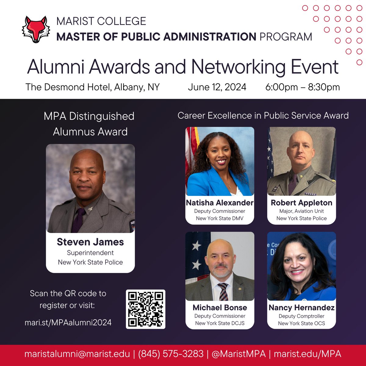 The Marist MPA program is proud to celebrate five of our distinguished alumni on June 12th at The Desmond Hotel, Albany, NY, from 6:00pm to 8:30pm To register: mari.st/MPAalumni2024 @Marist @nyspolice @NYSDCJS @nysdmv @NYSComptroller