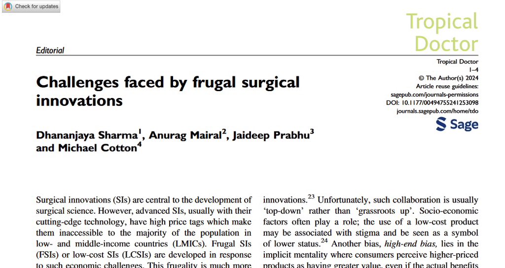 Thrilled to share our latest editorial… Huge thanks to my amazing co-authors @mairal and @JaideepPrabhu for their brilliant insights #GlobalSurgery #FrugalSurgicalInnovations #AffordableSolutions #Collaboration journals.sagepub.com/eprintSSWQG3KU…