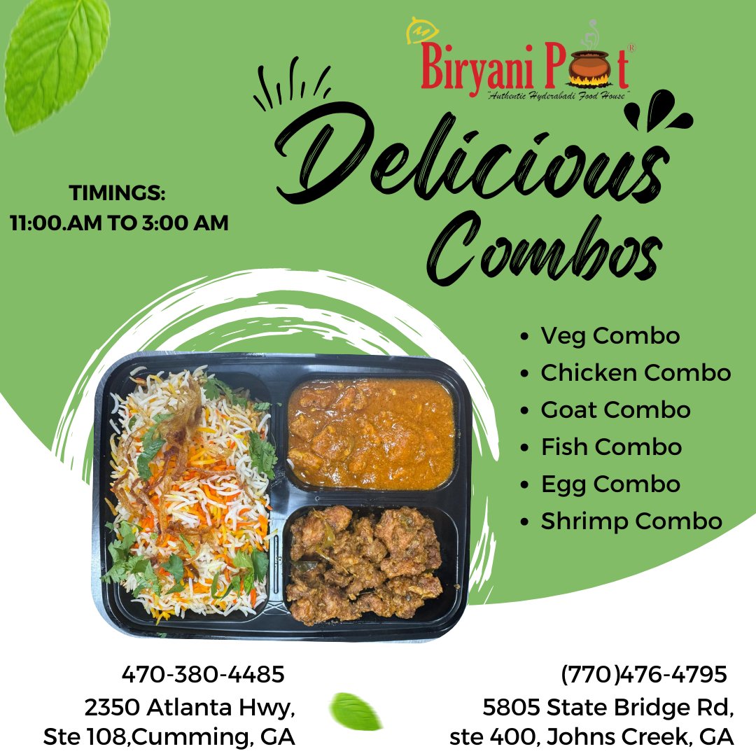 Indulge in our irresistible combo meals featuring a fusion of flavors and culinary delights. Perfect for satisfying your cravings and tantalizing your taste buds! Don't miss out on this mouthwatering experience. #biryanipot #johnscreek #JohnsCreekGA #ComboOffer #FoodieDelight