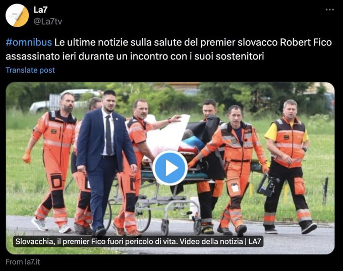 Questa didascalia è una perla rara! 'Le ultime notizie SULLA SALUTE DEL premier slovacco Robert Fico ASSASSINATO...fuori pericolo di vita' E non è l'umorismo mitteleuropeo.