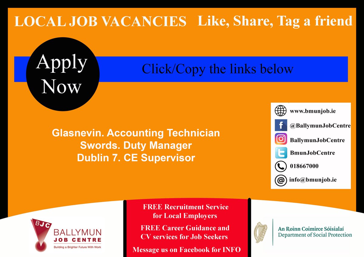 👉 Visit us at: Bmunjob.ie

Vacancies #bmunjob #jobfairy #dublinjobS
Glasnevin. Accounting Technician
jobsireland.ie/en-US/job-Deta… 
Swords. Duty Manager
centra.ie/careers/vacanc…&
Dublin 7. CE Supervisor
is.gd/XzTIFU