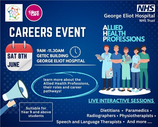 GEH Talent For Care (@geht4c) on Twitter photo AHP - Allied Health Progressions event at George Eliot Hospital. Suitable for secondary school students and anyone looking into starting a career in these professions Register here 👇🏻
forms.office.com/e/LBXE2yU3Dp
<a href="/GEHNHSnews/">George Eliot Hospital NHS Trust</a> <a href="/GEHNurseEd/">Practice Education Team</a> <a href="/championingGEH/">volunteering@geh.nhs.uk</a> <a href="/GEHSWFTLibrary/">George Eliot and South Warwickshire NHS KLS</a> AHP - Allied Health Progressions event at George Eliot Hospital. Suitable for secondary school students and anyone looking into starting a career in these professions Register here 👇🏻
forms.office.com/e/LBXE2yU3Dp
<a href="/GEHNHSnews/">George Eliot Hospital NHS Trust</a> <a href="/GEHNurseEd/">Practice Education Team</a> <a href="/championingGEH/">volunteering@geh.nhs.uk</a> <a href="/GEHSWFTLibrary/">George Eliot and South Warwickshire NHS KLS</a>