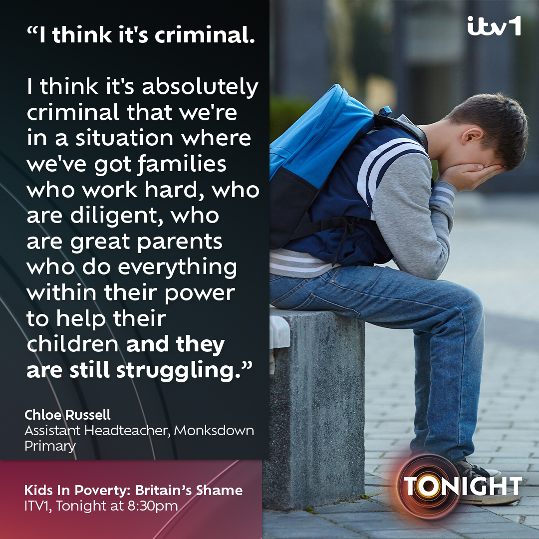 #ITVTonight spoke to a school assistant head teacher who told us first hand the experiences she comes across with families who are struggling with poverty... Kids In Poverty: Britain's Shame | Presented by Paul Brand | ITV1 | 8:30pm