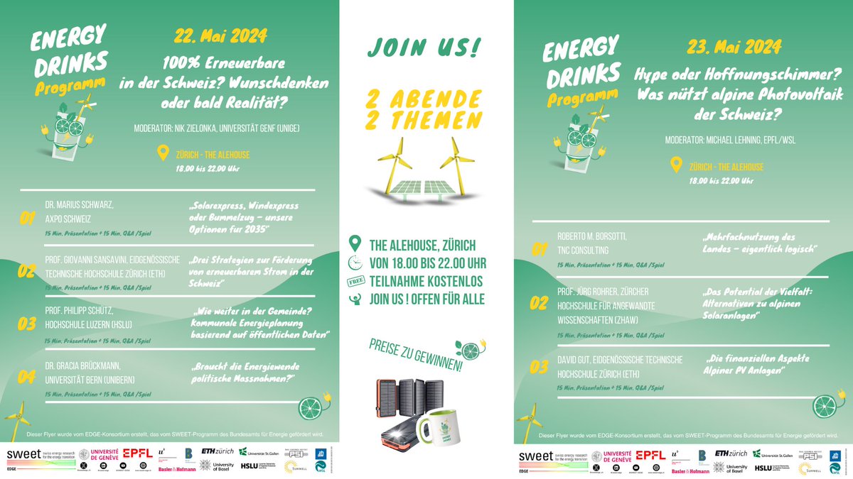 We are ready for EDGE #EnergyDrinks! Join us! 👇 Open to all. Games. Talks. Quizzes. Prizes to be won! 👀 Talks/presentations on current energy topics 🕕 On May 22 and 23, 2024, 6p.m. to 10p.m. 🍻 At 'The Alehouse', Zurich 💬 In German 👋 No registration, free event