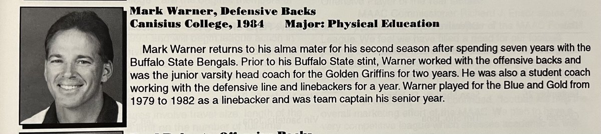 Player/ Coach Spotlight: Coach Warner was a respected coach and player for the Griffs. He was a LB and team captain during his playing days. As a coach, he finished every practice with the 'Circle of Pain' a max push up challenge for DBs.