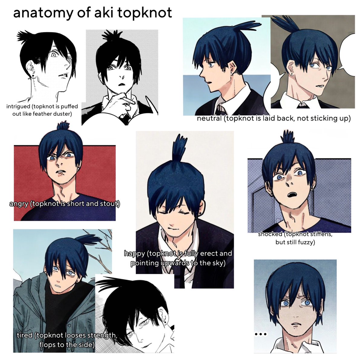 aki’s topknot depending on his emotions