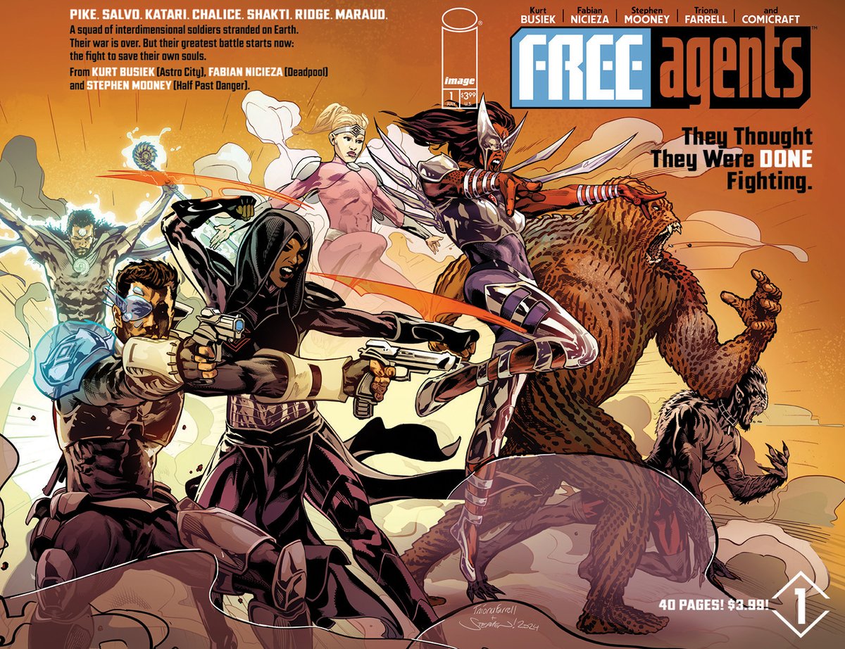 FREE AGENTS #1 this July from @ImageComics! Art by @Treestumped + I, script by comic book royalty @KurtBusiek +@FabianNicieza! Superhero Sci-Fi action; if you're a nineties X-Book kid like I was, you're going to *love* this. 40 story pages for no extra cost! Pre-order now!