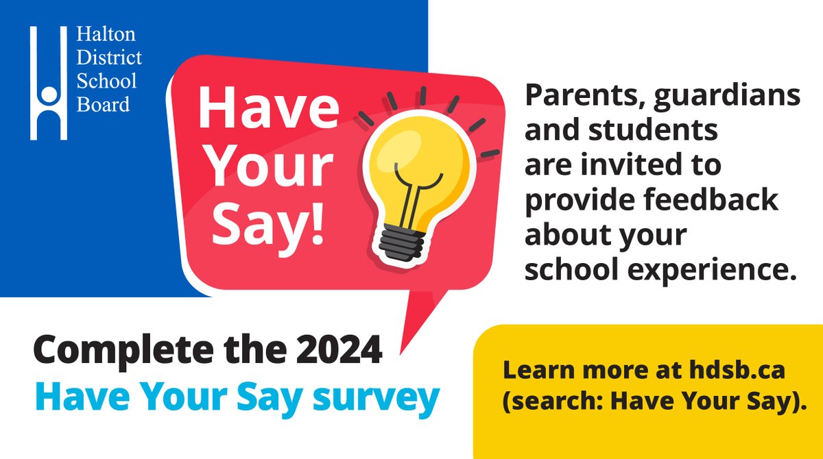 It’s time to Have Your Say! All HDSB parents and guardians are invited to provide feedback and have a voice in creating a supportive community at our schools by completing our online survey by June 3. Learn more and Have Your Say: bit.ly/44usvfc