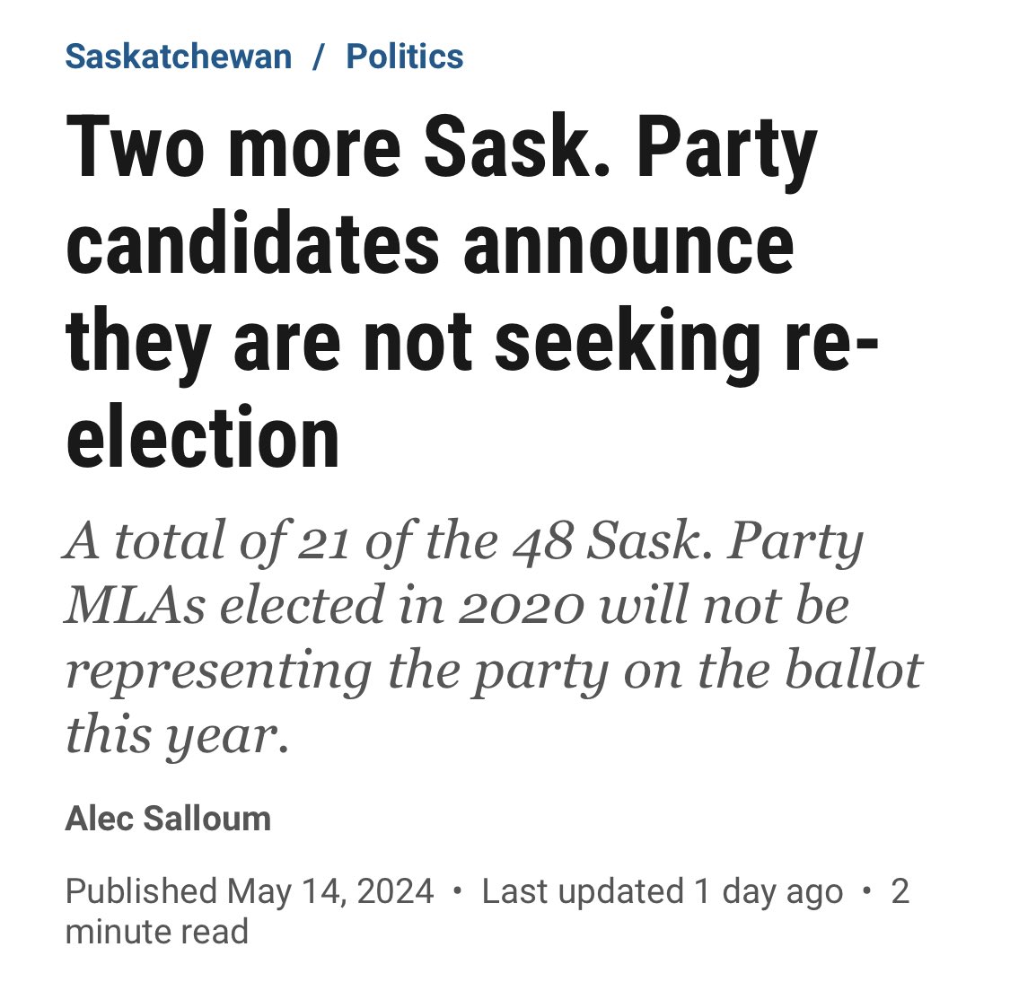 This, and the fact that nearly half of the Sask Party MLAs are not seeking re-election is extremely telling.