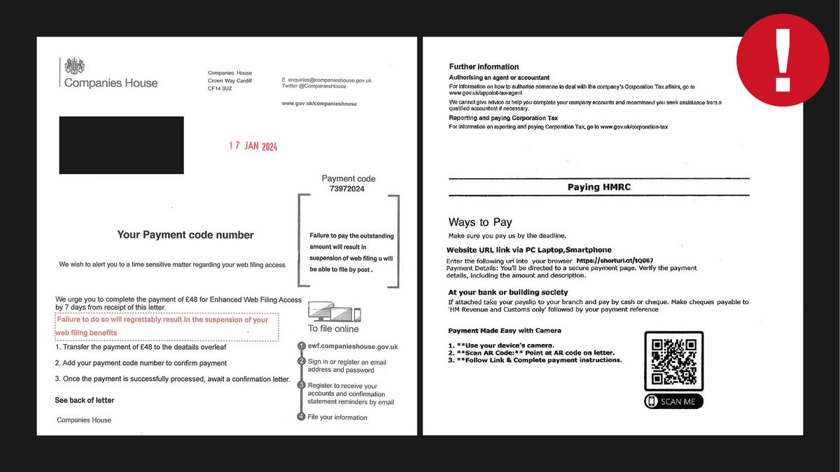 ⚠️ We've had reports of suspicious letters claiming to be from Companies House. 

The letter claims you need to make payment for Enhanced Web Filing Access. 

Please do not follow any instructions in this letter. It’s a scam.