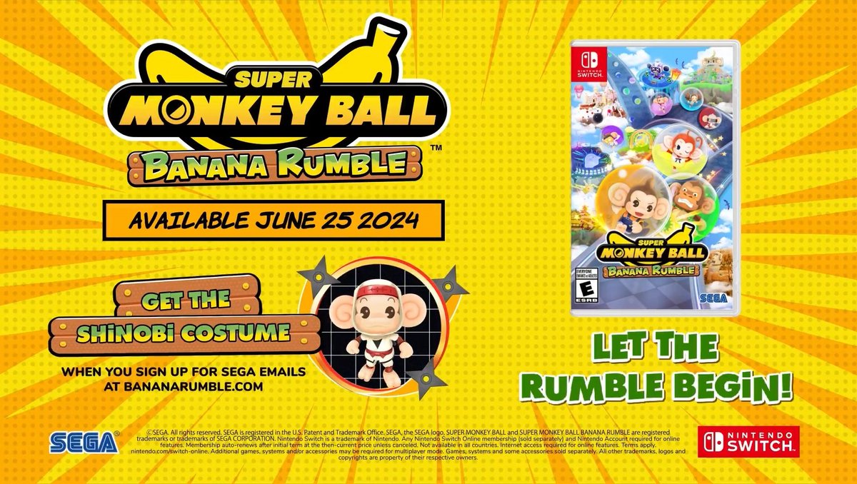 ¡Nuevo trailer de Super Monkey Ball Banana Rumble! Si os apuntáis al newsletter oficial podéis recibir un skin DLC para AiAi con el traje de Joe Musashi, de Shinobi.