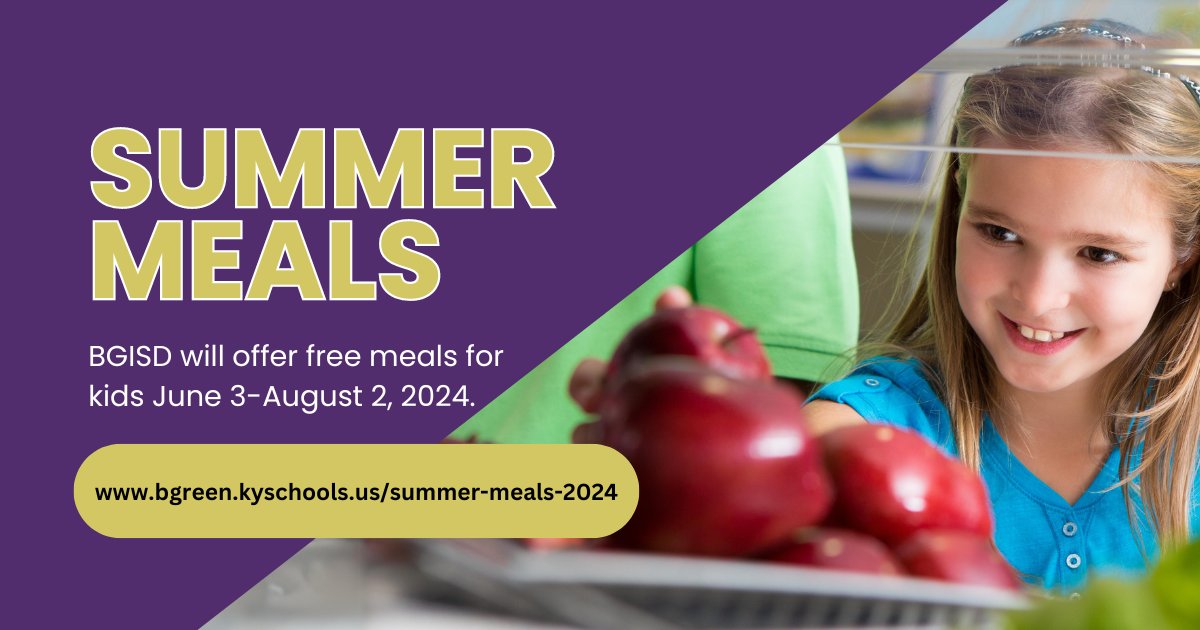 BGISD will offer free meals for kids June 3 - August 2, 2024. The BG Learning Center, Dishman McGinnis and PBC will be open for breakfast and lunch M-F. Two routes will deliver lunch meals around the city. For details and delivery schedule, visit bgreen.kyschools.us/summer-meals-2…