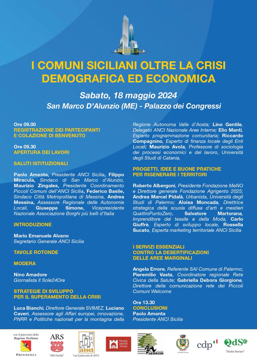 📅 Saturday the 18th of May <a href="/MaurizioAvola/">P2000</a> from  <a href="/unict_it/">Unict</a>   will be at the <a href="/Anci/">Anci</a> Conference in San Marco D'Alunzio (ME) "Sicilian Municipalities Beyond the Demographic and Economic Crisis" to discuss some solutions to Sicily's demographic and economic challenges. #gesi_project