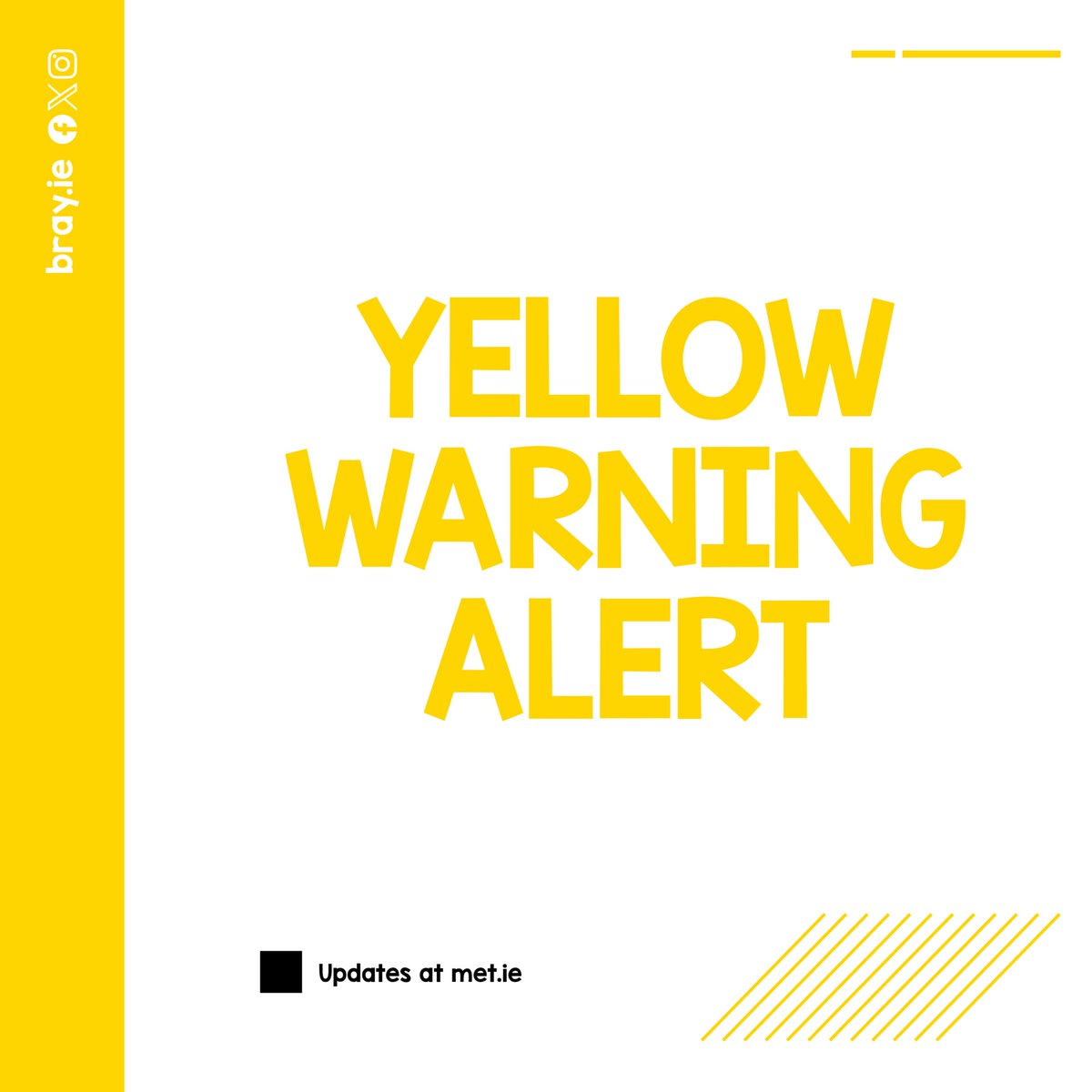 ⚠️ #StatusYellow rain warning has been issued ⚠️ Met Éireann says potential impacts include spot flooding, poor visibility, and travel delays. Valid until 6 pm to midnight this evening. Updates ➜ met.ie #YellowWarning #StaySafe #Bray