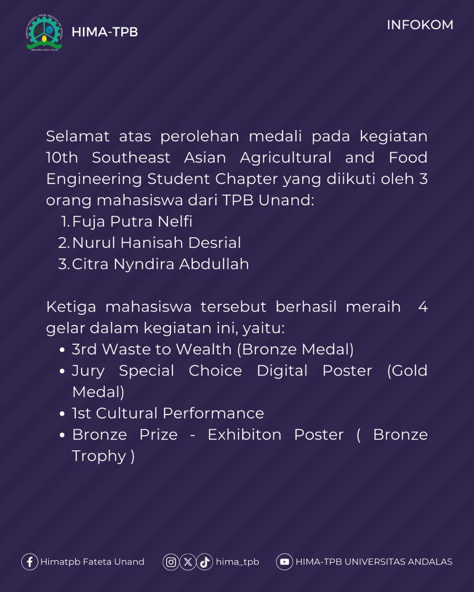 hima_tpb's tweet photo. [ TPB ON MEDIA : SELAMAT &amp; SUKSE ATAS PRESTASI YANG DIRAIH ]

Assalamualaikum warahmatullahi wabarakatuh
Hallo Mekanator!!

Selamat atas perolehan medali pada kegiatan 10th Southeast Asian Agricultural and Food Engineering Student Chapter yang diikuti oleh 3 orang mahasiswa TPB https://t.co/zALIzBBexq