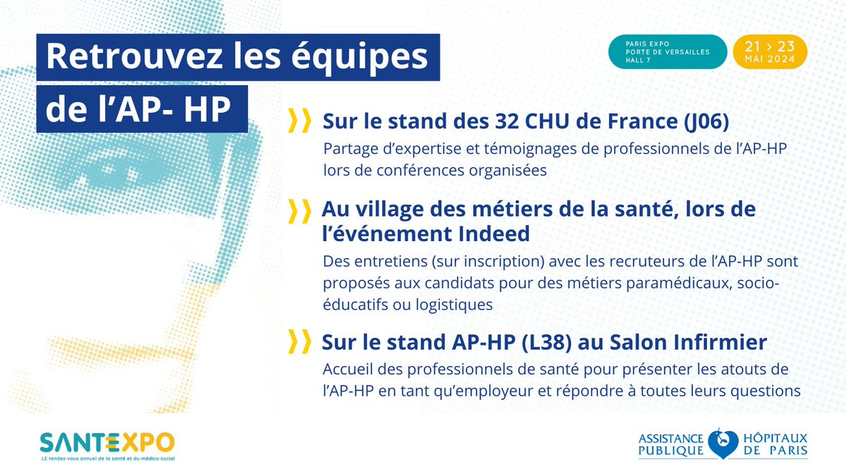 🚀J-5 avant #SantExpo2024 et le Salon Infirmier: retrouvez les équipes de l'AP-HP ! Au programme : 👉Des prises de parole lors de conférences organisées sur le stand des 32 CHU de France 👉Des actions de recrutement : entretiens sur le stand #indeed & échanges avec les équipes RH