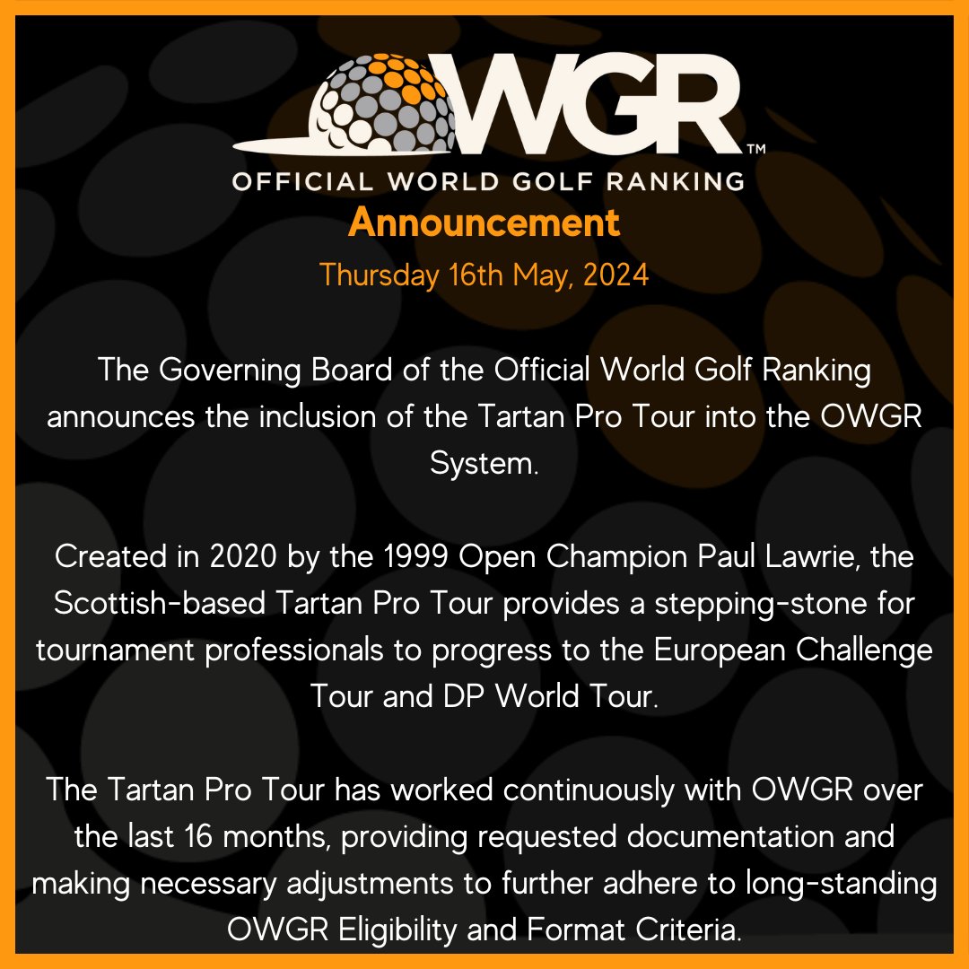 OWGR Announcement Read more here - owgr.com/news/tartan-pr… The Montrose Links Masters presented by Gym Rental Co. will be the first @tartanprotour tournament to be included in the Ranking System as an OWGR Eligible Tour from Week 20, week ending 19th May 2024. #OWGR