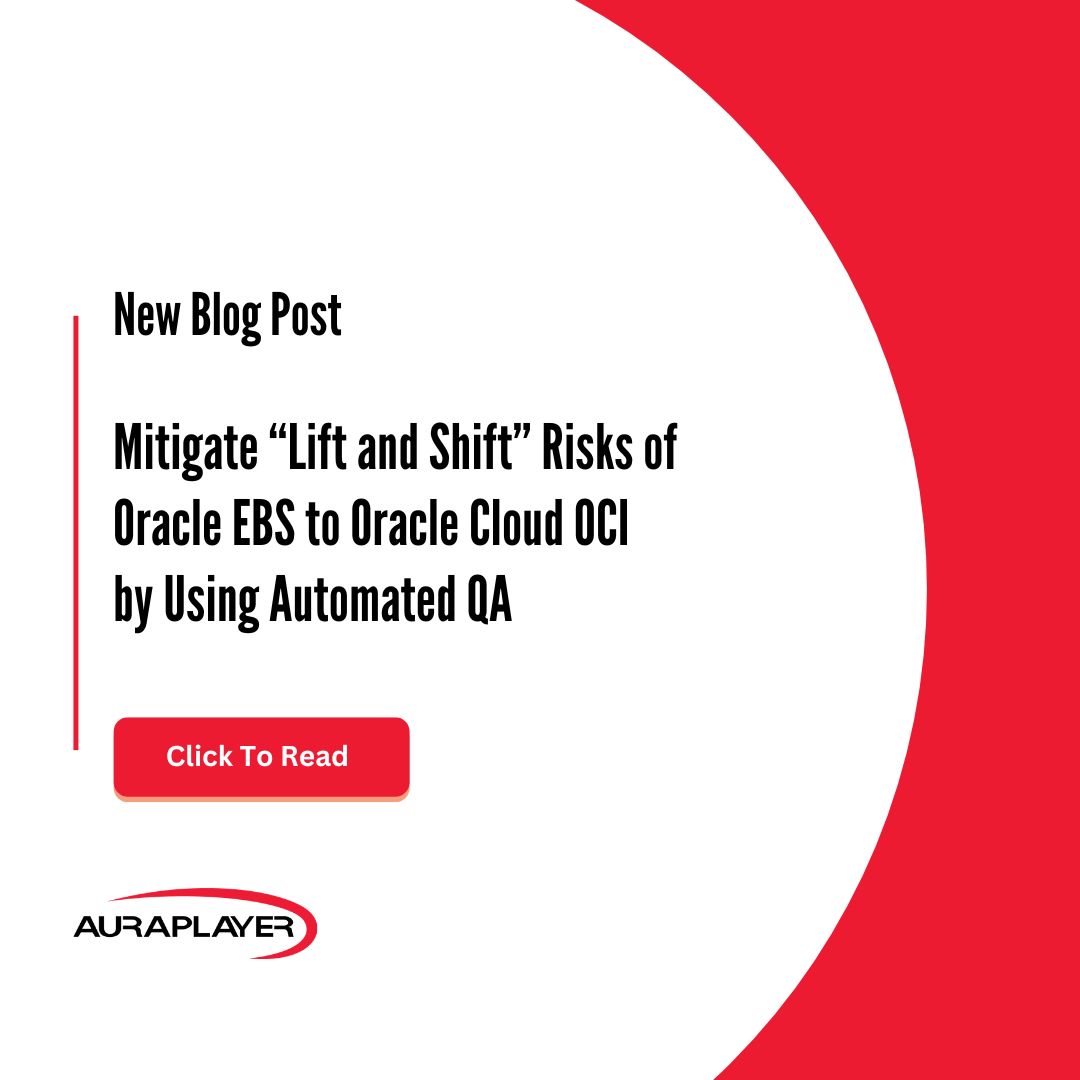 AuraPlayer's tweet image. When migrating your Oracle EBS to Oracle Cloud, implementing automated testing beforehand can make a major difference.

Read our latest blog post to learn just how critical automated testing can be: rb.gy/talkxj

#oracle #oracleEBS #automatedQA #testautomation #OCI