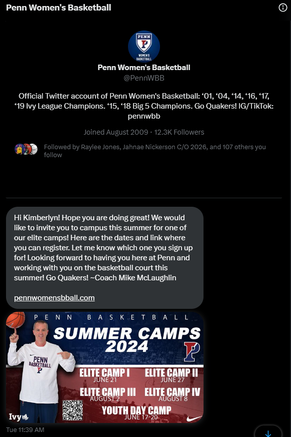 Kimsetterbo15's tweet photo. I want to thank @MikeMcLaughli with @PennWBB for inviting me to their Elite Camp this summer. I am excited for the opportunity to train with this prestigious program! #PennWBB #elitetrainingexperience #godisincharge https://t.co/vLpzIyCGXT
