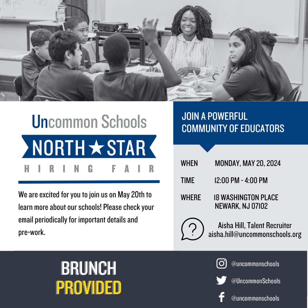 Exciting Teaching Opportunities Await 🍎
Uncommon Schools invites you to apply to attend our Hiring Fair for the 2024-2025 school year!
📅 Monday, May 20th, 2024
🕒 Time: 12:00 PM- 4:00 PM [Breakfast Included]

Ready to make a difference? Apply now! 🔗 smrtr.io/kjKgb