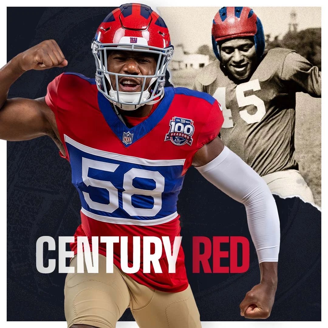 O novo uniforme 'Century Red' do New York Giants em homenagem a 100ª temporada da franquia. 👏 Qual nota você dá para a nova combinação da equipe de NY? 🤔 #NFLBrasil