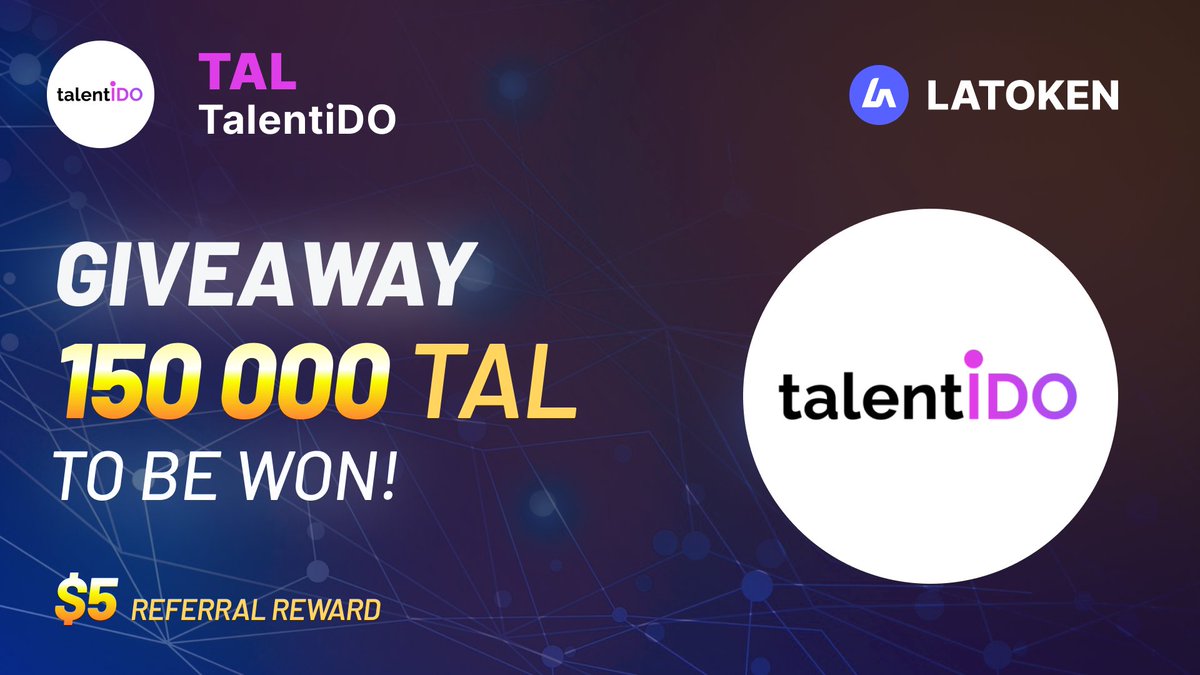 🏆 150 000 TalentiDO (TAL) GIVEAWAY on LATOKEN ✅ Complete all tasks and qualify for the Airdrop. 📲 Share with 5 Friends and Follow. ⏰ May 16, 2024 - May 22, 2024. 🎁 Distribution will be on 22 May, 2024 👉 JOIN GIVEAWAY (go.latoken.com/dyz7/819d)