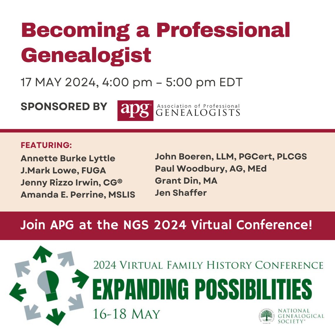 For those attending #NGS2024GEN, don’t miss the APG-sponsored session, “Becoming a Professional Genealogist” TOMORROW, 17 May 2024 at 4:00 pm Eastern.