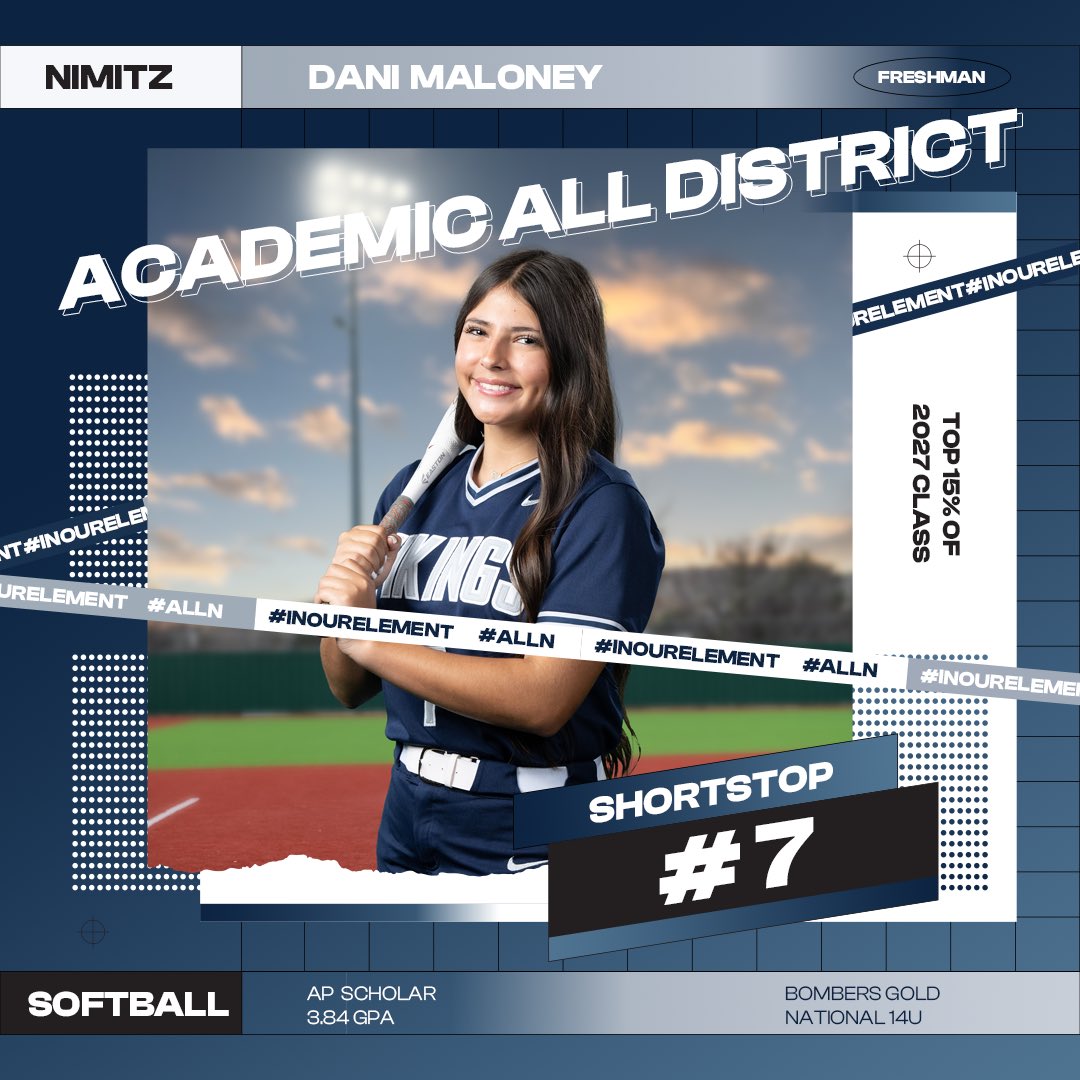 Nimitz_Softball's tweet photo. Congratulations to @danimaloney2027 , District 7-6A Co-Freshmen of the Year 🎉🥎 She led our program in batting average &amp; hits, while boasting a .609 BA &amp; .660 OBP in District! She takes care of business in the classroom &amp; on the field, &amp; we’re excited for her next 3 years 💪🏽 https://t.co/DzabVashKw