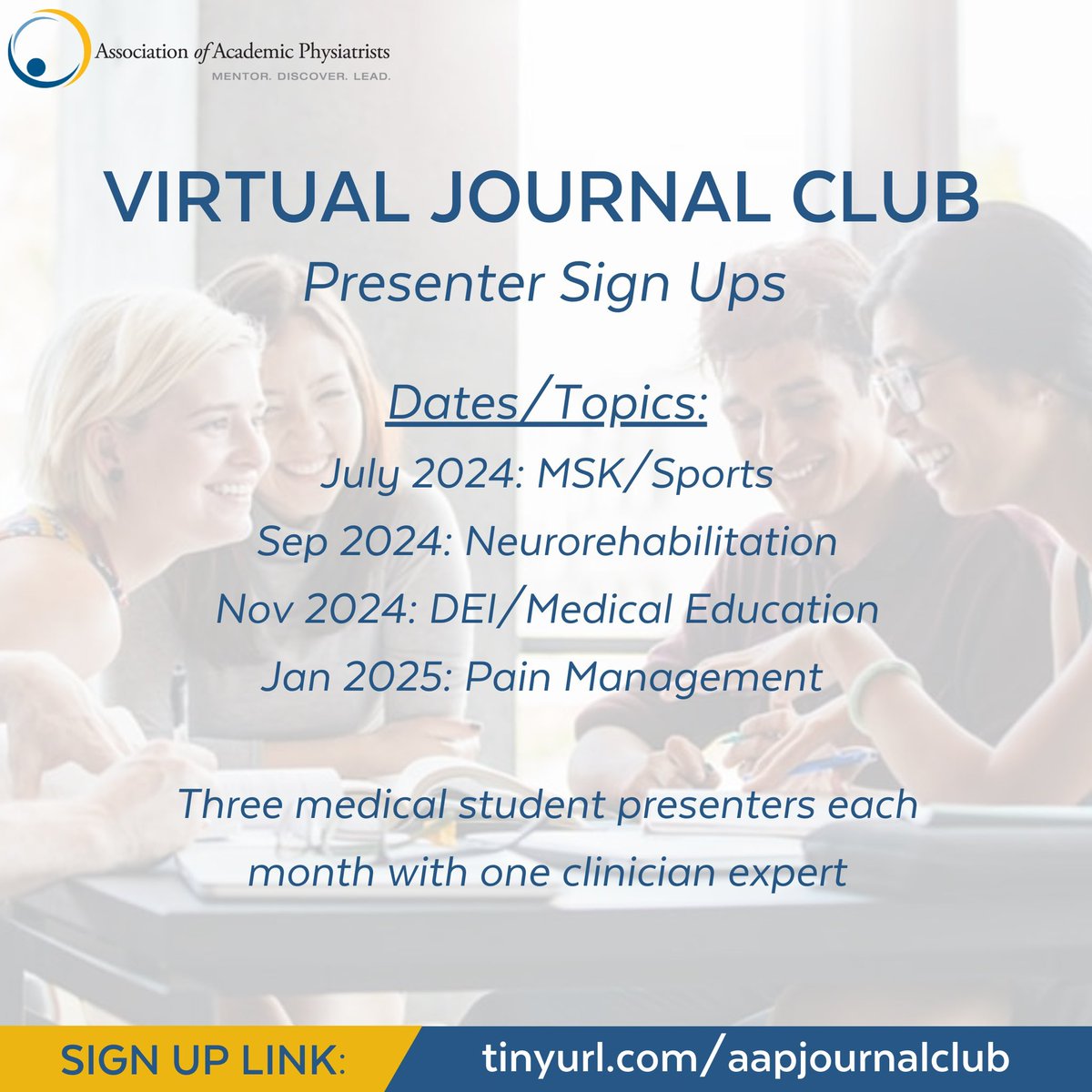 Sign up to present at the AAP MSC Virtual Journal Club! Journal club presentations can be included as an oral presentation on residency applications and are a great way to learn more about PM&R topics with other students and a clinician expert! 🔗: tinyurl.com/aapjournalclub