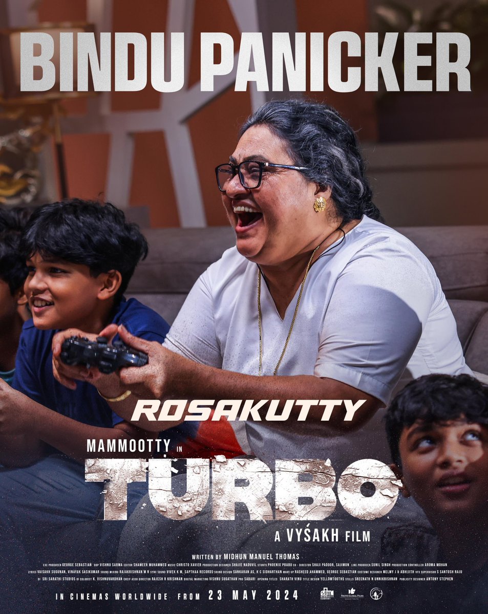 Bindu Panicker as Rosakutty 

#Turbo In Cinemas Worldwide on May 23 , 2024

#TurboFromMay23 #Mammootty #MammoottyKampany #Vysakh #MidhunManuelThomas #SamadTruth #TruthGlobalFilms #WayfarerFilms
