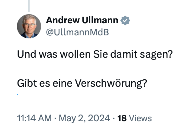 @apollo_news_de Andrew Ullmann kennt nur Verschwörungen ...

🤡🤡🤡

Ich sage nur Volker Thiel und Würzburg.