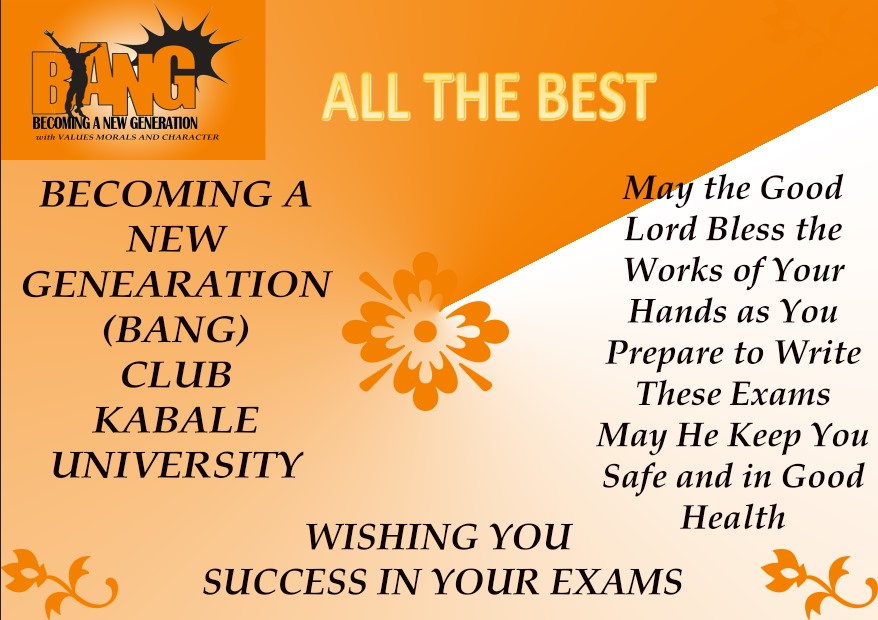 BecomingAN9767's tweet image. As we come to the end of the semester #BANG wishes all students of @kabuniversity success in their exams!! May God stand with you and grant you academic success in your exams!!!
Sit your exams with confidence 
#VMCs
#BANGkab24