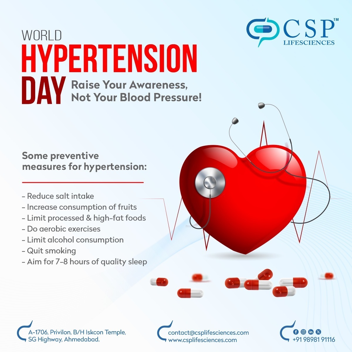 Don't let your blood pressure rise, let awareness soar! 🚀 
On World Hypertension Day, let's pledge to prioritize our health with these simple steps. From slashing salt to savoring fruits, each choice counts.  

Say yes to wellness, not stress! 💪
 
#WorldHypertensionDay