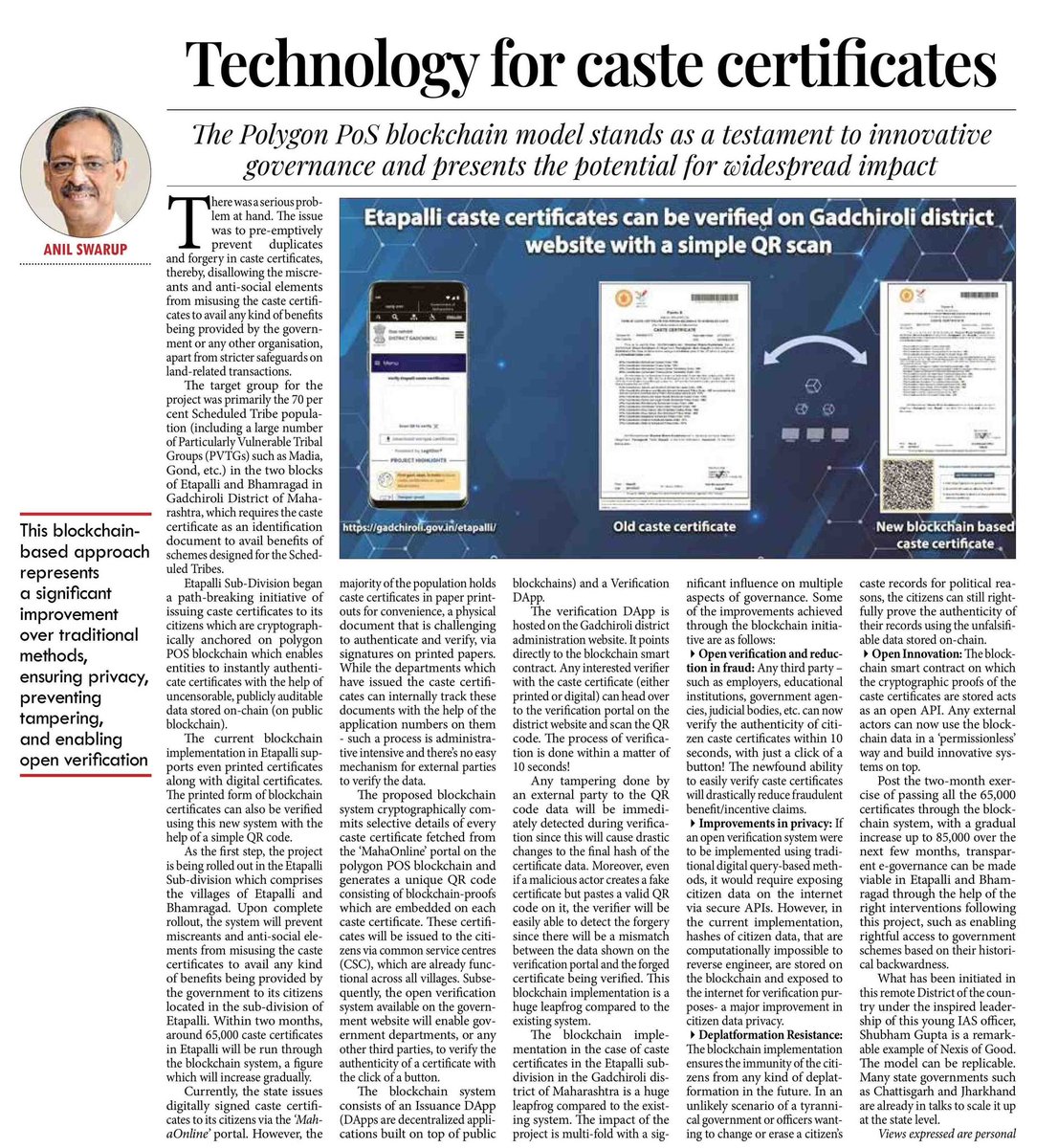 It’s really heart whelming when Indian media writes something positive about Blockchains. @0xPolygon has been the breeding ground for a lot of government projects which have made real world impacts. 🌍 Thanks @anilswarup58 for putting this piece together.