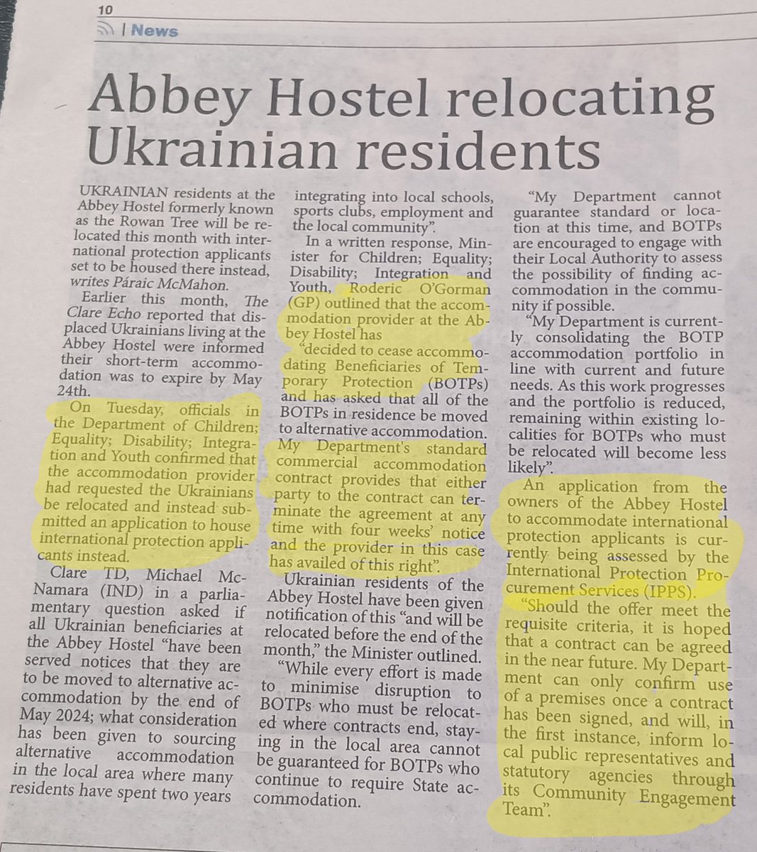 🚨 Breaking

#Ennis Abbey Hostel will cease accommodation for ukrainians & instead sign a new application to take on IPA, just as news of Ukrainian welfare under consideration

O'Gormans commercial accomodation contract outlines the agreement can be called off with 4 weeks notice