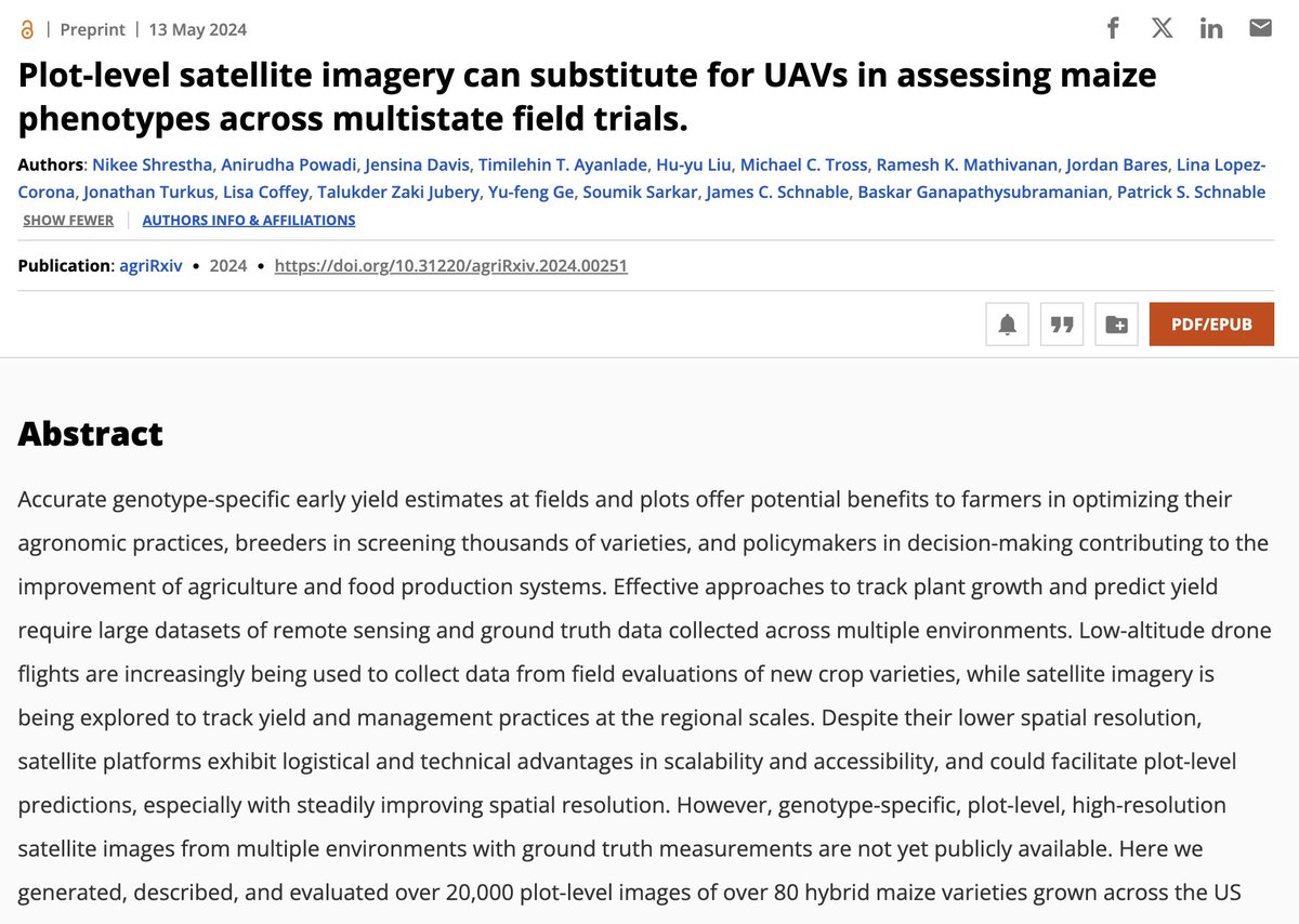 James Schnable (@szintri) on Twitter photo How well can satellites track the productivity of individual corn yield-test plots? @NikeeShrestha2 spent the last two years answering this question leading a team of <a href="/AII4RA/">AIIRA - AI Institute for Resilient Agriculture</a> & <a href="/UNL_PSI/">UNL PSI</a> researchers. Preprint just went live: cabidigitallibrary.org/doi/10.31220/a… How well can satellites track the productivity of individual corn yield-test plots? @NikeeShrestha2 spent the last two years answering this question leading a team of <a href="/AII4RA/">AIIRA - AI Institute for Resilient Agriculture</a> & <a href="/UNL_PSI/">UNL PSI</a> researchers. Preprint just went live: cabidigitallibrary.org/doi/10.31220/a…
