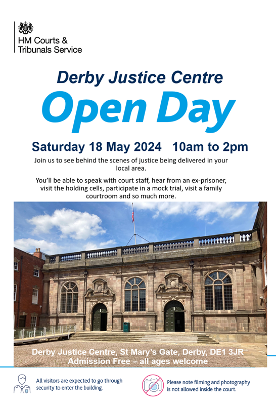 Derby Justice centre is holding an open day on Saturday 18 May! Visitors will be able to participate in a mock trial, speak with court staff, visit the holding cells and much more. The court address and event details can be found here: find-court-tribunal.service.gov.uk/courts/derby-m…