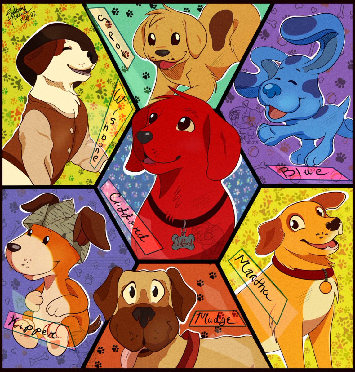 Preschool Pups~ 🦴🐾
Oh the atomic nostalgia bomb this piece set off 2 years ago. 

These guys made reading, learning, and just plain growing up, fun! :)

#clifford #wishbone #marthaspeaks #bluesclues #henryandmudge #spot #kipper #fanart