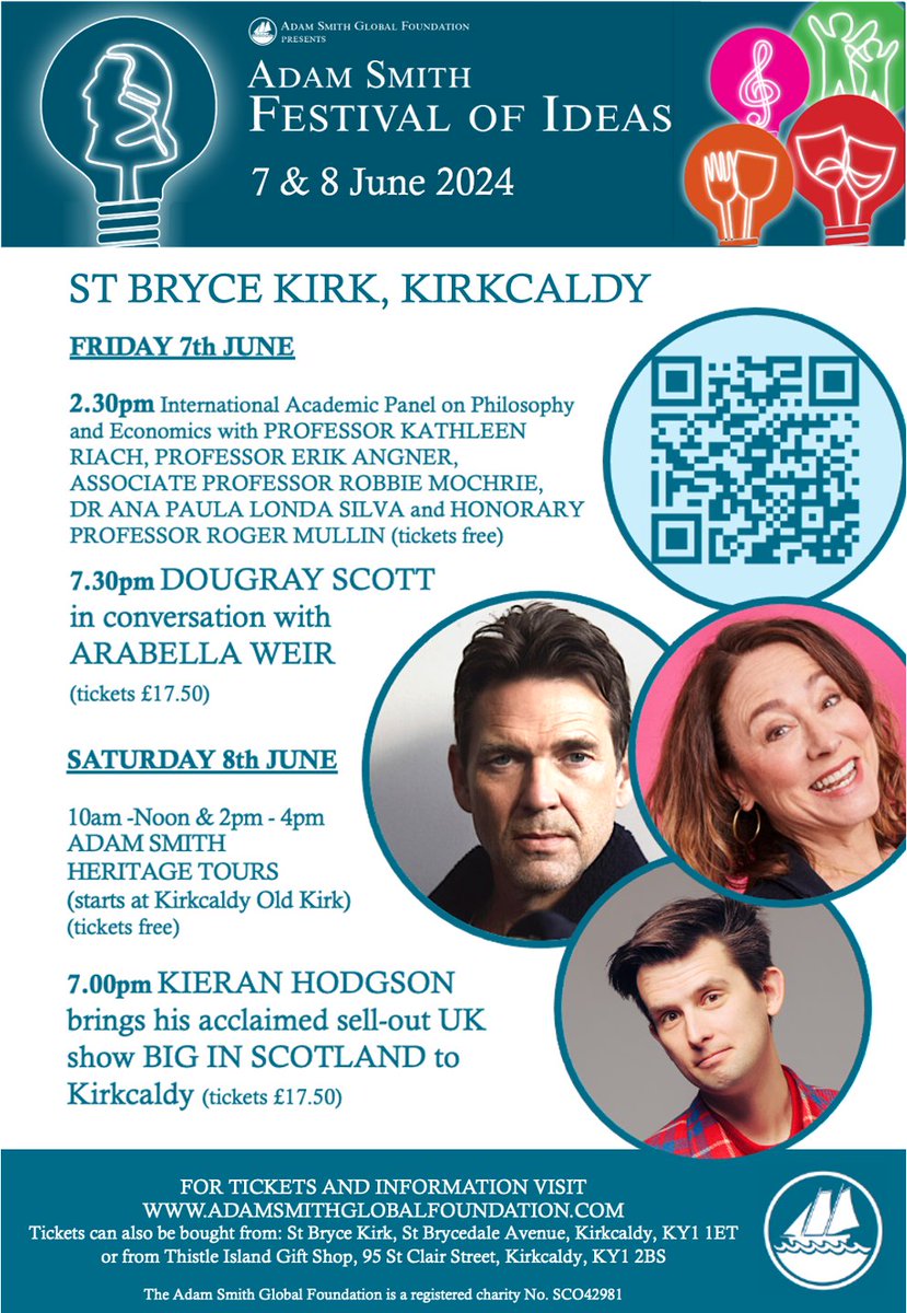 The Festival of Ideas tickets are now available from three places: Online via the link below (or the QR code), St Bryce Kirk, and Thistle Island Gift Shop in St Clair Street. #AdamSmith #Kirkcaldy adamsmithglobalfoundation.com/events-1