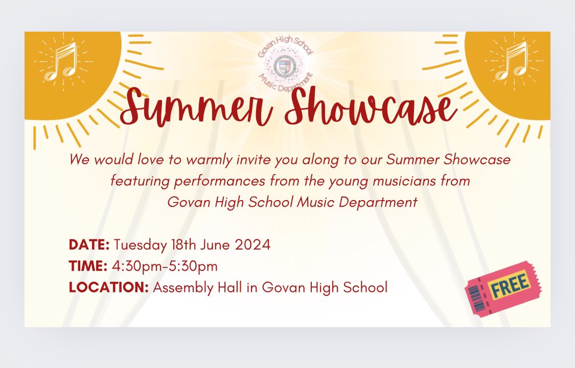 We would like to invite parents and friends to our Summer Showcase @GovanHighSchool to enjoy the hard work of our young people, including those that get @GlasgowCREATE Instrumental Lessons! Our pupils have been working so hard and we can't wait to celebrate their performances!🌞