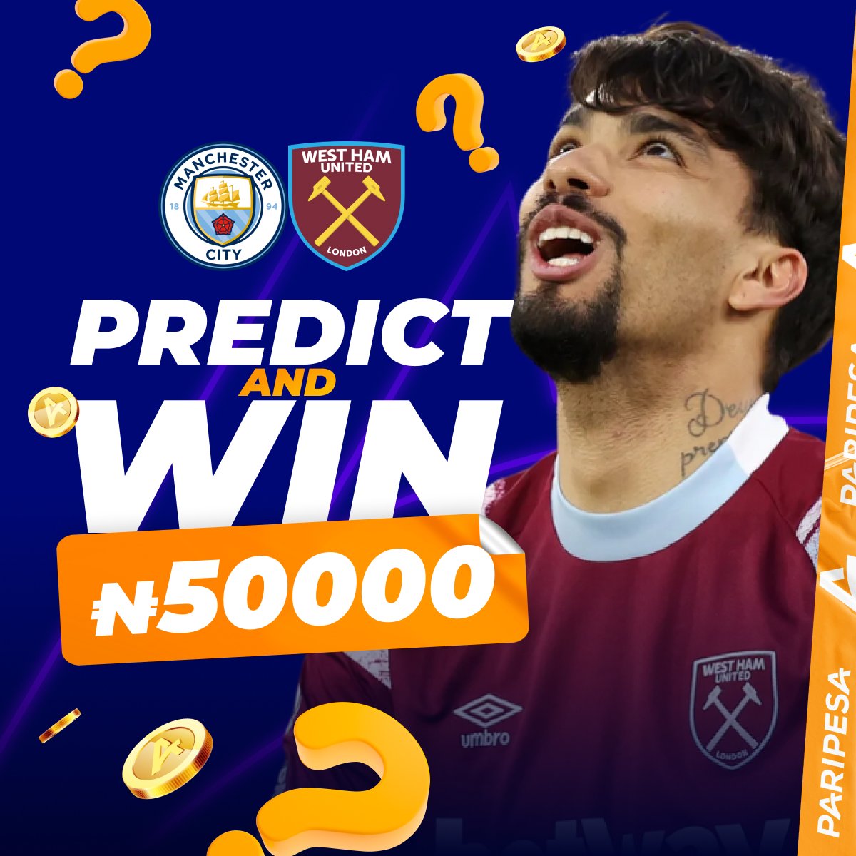 ⭐️PREDICT & WIN 💰 ₦10000 ✅ JOIN 👉 m.paripesa.bet/g9nw ⚠️Write ID and the score of the Man City vs West Ham 👉Example: ID12345678, 4-2 ‼️One ID - one tweet ‼️Bets are accepted before the start of the match! 🤖 20.05 random generator will choose 5 winners