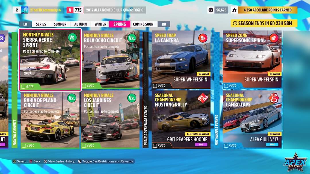 Today marks the final week of Apex AllStars (Series 33) in Forza Horizon 5! Spring (Hot Season) is here, and that means there are events to complete and cars to unlock. Start your engines!! Overall, there are 7 cars to be won in spring as follows: > ’17 Porsche #92 GT Team 911