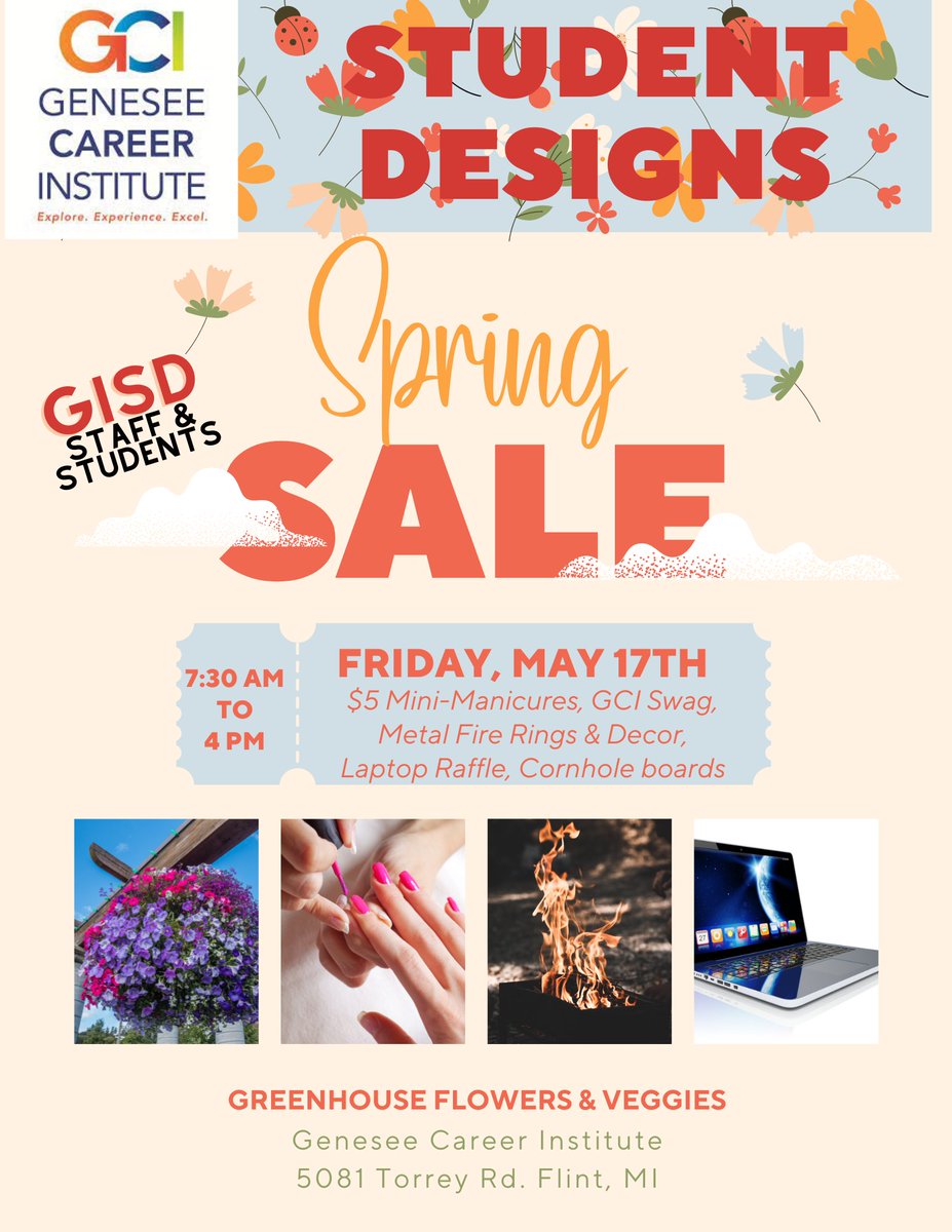 'Mark your calendars for our Spring Sale happening this Friday, May 17th, at GCI! Explore our greenhouse, purchase crafted firepits, enjoy mini manicures, and more. Join us from 7:30 AM to 4 PM, come around the back of the GCI Building.'