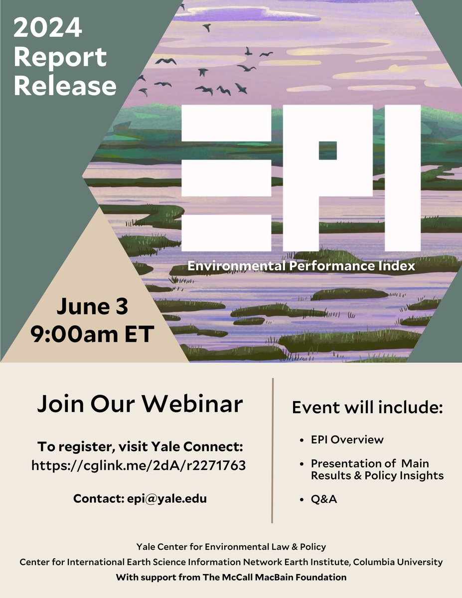Yale Center for Environmental Law & Policy (@yalecelp) on Twitter photo Please join us for the release of the 2024 Environmental Performance Index sustainability rankings on
Monday 3 June at 9:00am EDT. Register here: lnkd.in/eQ_avJFB
More info: epi.yale.edu
Contact: epi@yale.edu
We hope to see you there! Please join us for the release of the 2024 Environmental Performance Index sustainability rankings on
Monday 3 June at 9:00am EDT. Register here: lnkd.in/eQ_avJFB
More info: epi.yale.edu
Contact: epi@yale.edu
We hope to see you there!
