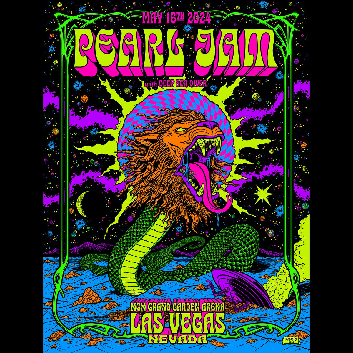 Signed and numbered artist proofs with variant color will go on sale tomorrow at 8pm EST:

brianromero.com/store

#pearljam #gigposter #concertposter #psychedelicart
